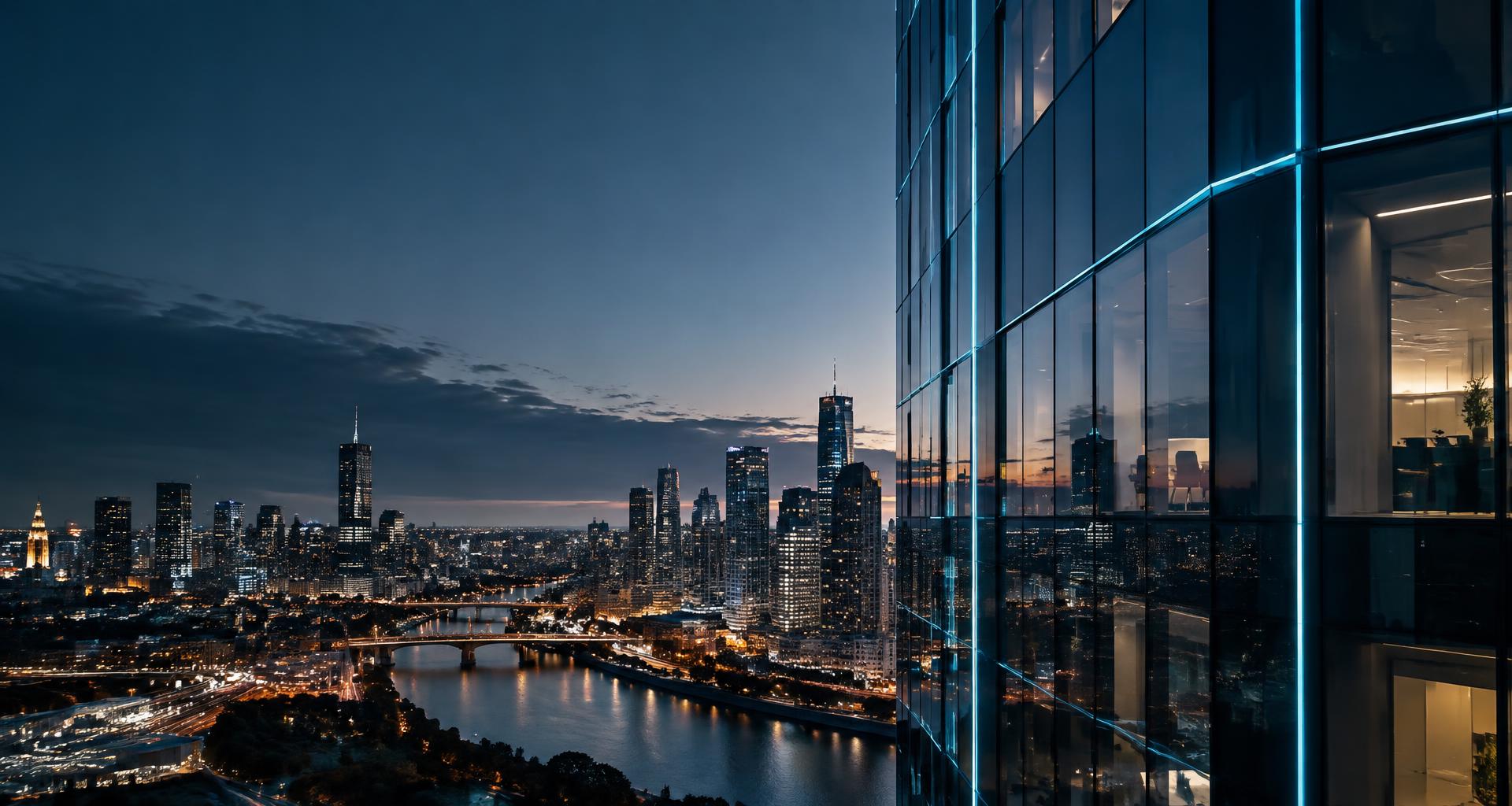 Melbourne skyline beside a modern glass office building at dusk